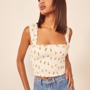 Reformation Medium Sally Smocked Crop Top Rosebud